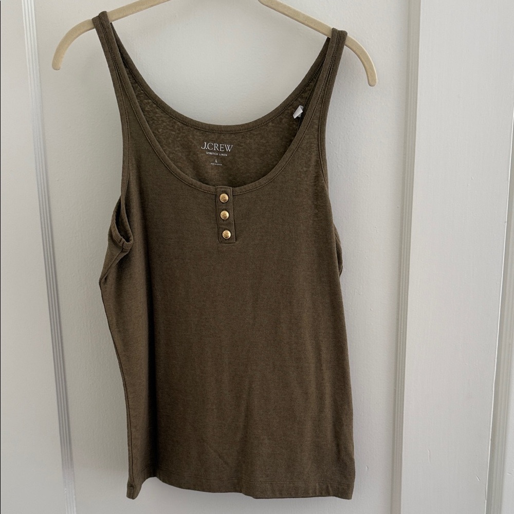 J. Crew Olive Scoop-Neck Linen Tank with Button Placket